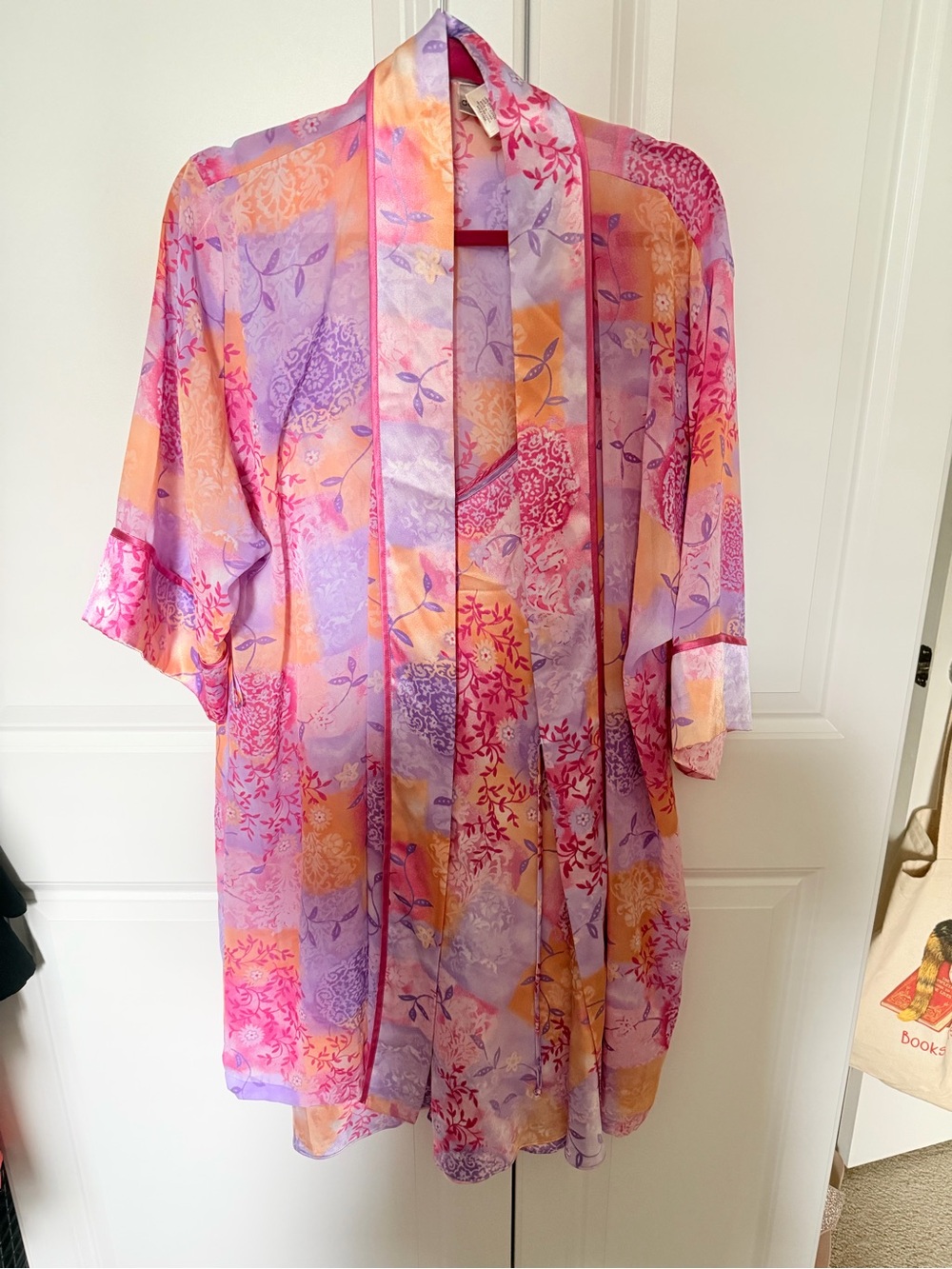 Women's Floral Satin Kimono Robe &- Gown set Pink & Lavender